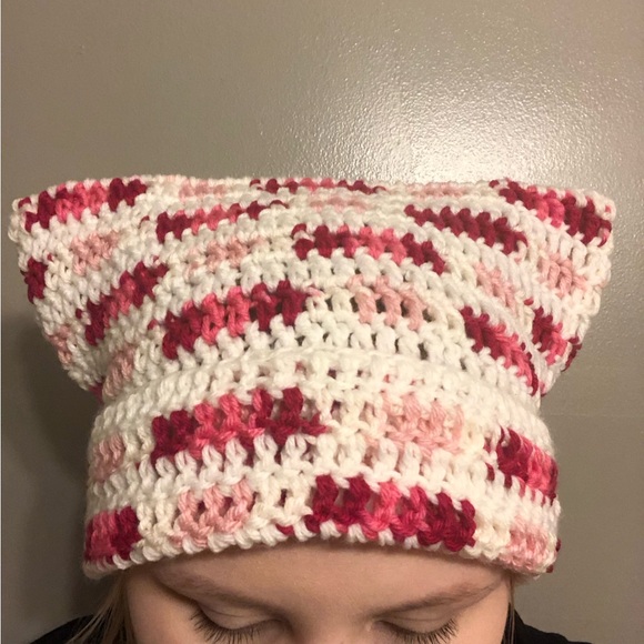 Pink Multi and White Crochet Cat Ear Beanie - Picture 4 of 4